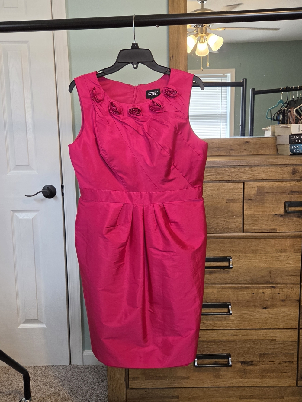 Adrianna Papell Hot Pink Sleeveless Floral-Rosette Sheath Dress
